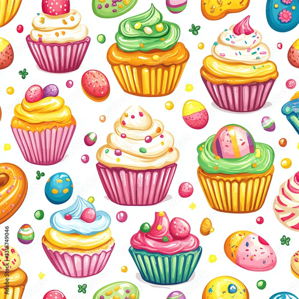 Seamless pattern of Easter eggs in pastel tones Colorful cupcakes with decorative toppings. Seamless pattern of Easter eggs in pastel tones Colorful cupcakes with decorative toppings.