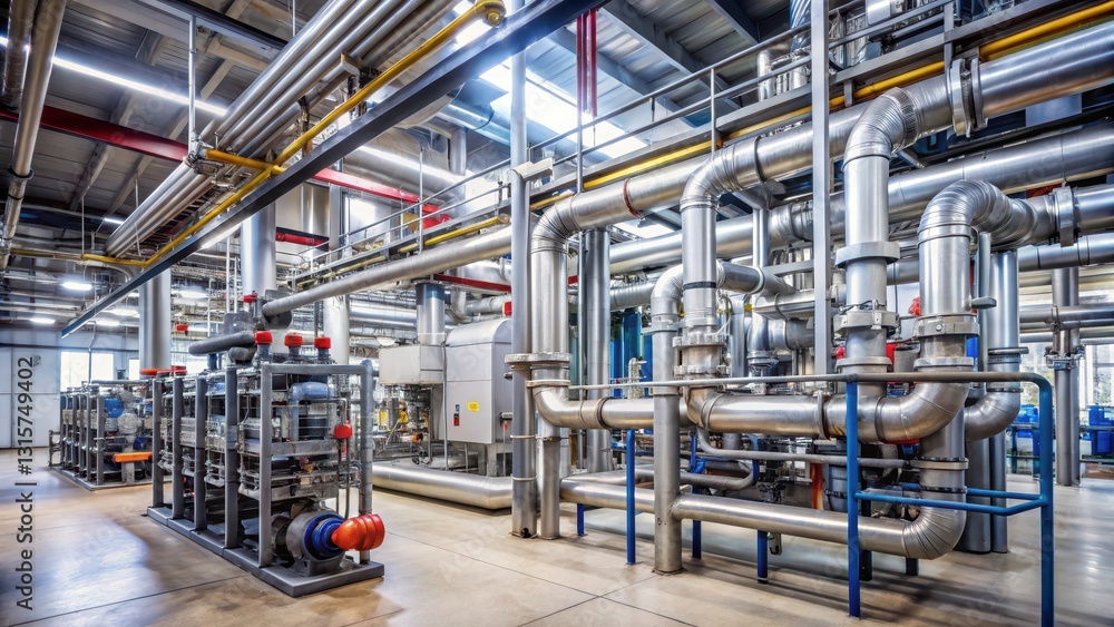 A large industrial boiler room with exposed pipes and valves, surrounded by shelving units for storing equipment, shelving units, industrial machinery A large industrial boiler room with exposed pipes and valves, surrounded by shelving units for storing equipment, shelving units, industrial machinery
