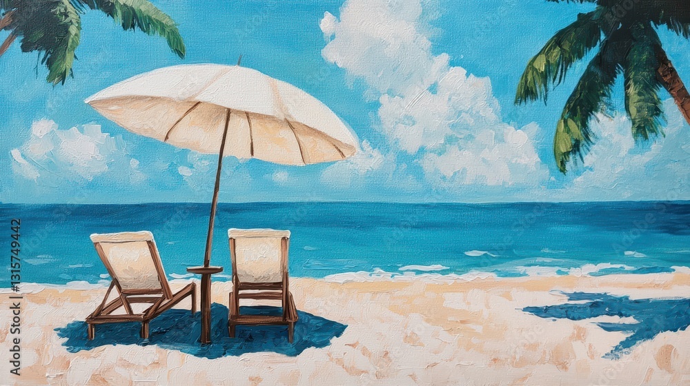 Obraz premium Painting of a beach scene with palm trees, beach chairs, and an umbrella. Concept of vacation, summer, and relaxation.