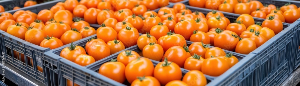 A vibrant display of fresh oranges arranged neatly in crates, showcasing their bright color and abundance. A vibrant display of fresh oranges arranged neatly in crates, showcasing their bright color and abundance.