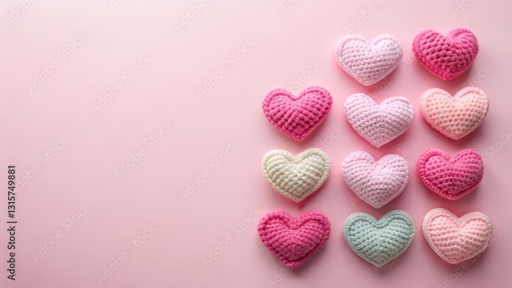 Fototapeta premium Soft yarn crochet hearts in pastel and pink hues on a minimalist pink background, soft yarn