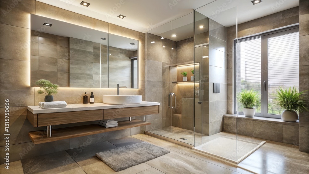 Fototapeta premium Modern sleek bathroom with frameless glass shower enclosure and minimalist decor featuring a large rectangular mirror above a wall-mounted sink, modern, rectangle