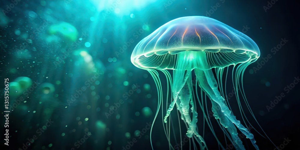 Bioluminescent jellyfish floating serenely through the water illuminated by a soft blue-green glow creating an hypnotic effect in the dark aquatic environment, soft light, glowing jellyfish Bioluminescent jellyfish floating serenely through the water illuminated by a soft blue-green glow creating an hypnotic effect in the dark aquatic environment, soft light, glowing jellyfish