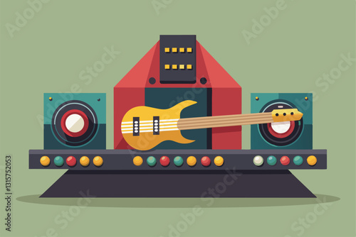 A vibrant stage setup features a yellow guitar and colorful speakers ready for a rock performance, Rockers Customizable Semi Flat Illustration