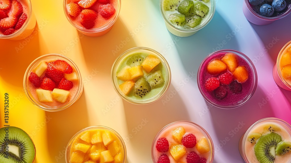 A glowing flat lay of colorful smoothie cups styled with vibrant fruit toppings. pic A glowing flat lay of colorful smoothie cups styled with vibrant fruit toppings. pic