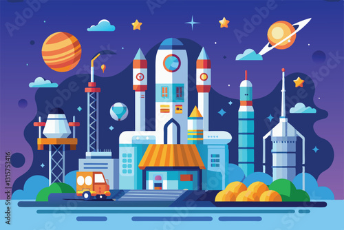 A vibrant rocket research facility showcases various rockets against a backdrop of planets and stars, Rocket research Customizable Flat Illustration