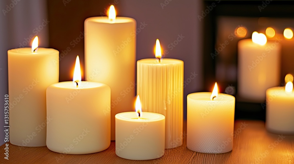 Set of Burning White Candles in Various Shapes and Sizes Creating a Cozy and Tranquil Atmosphere in a Dimly Lit Room Set of Burning White Candles in Various Shapes and Sizes Creating a Cozy and Tranquil Atmosphere in a Dimly Lit Room