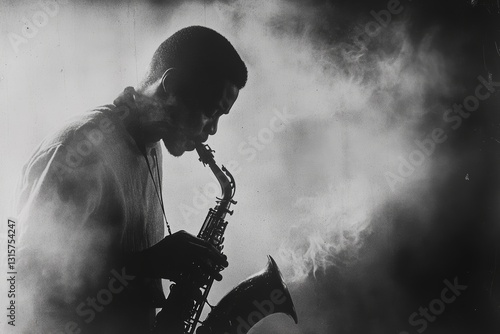 Silhouette Of A Musician Performing On Stage, Black And White Dramatic Lighting, Musical Instrument In Focus, Perfect For Music, Jazz, And Artistic Concepts  Image With Focus On Musical Instrument