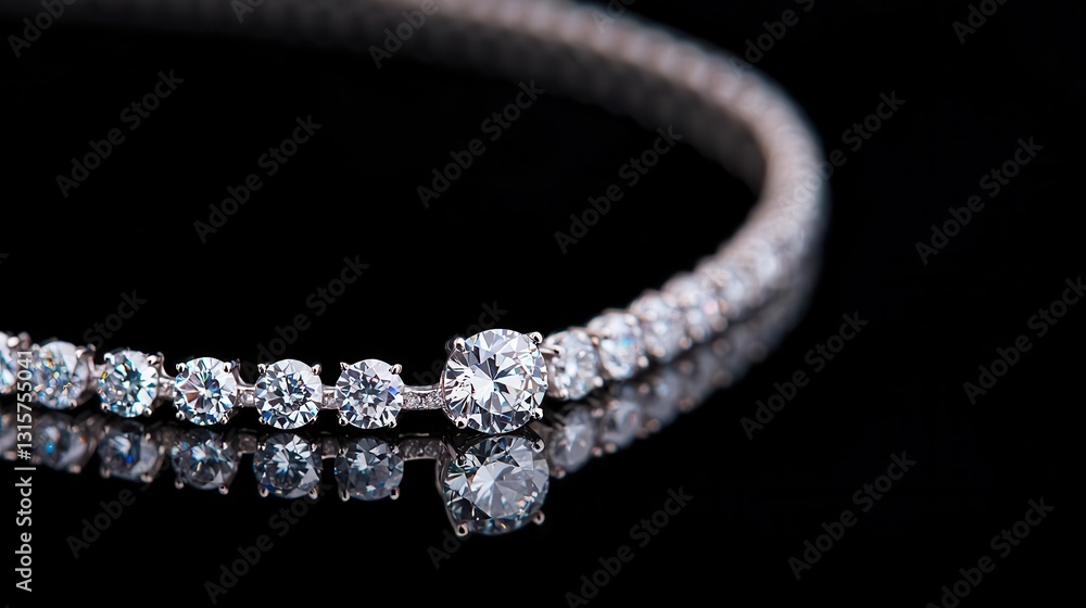 Abstract closeup of a diamond necklace on a reflective black surface, creating a premium jewelry aesthetic Abstract closeup of a diamond necklace on a reflective black surface, creating a premium jewelry aesthetic