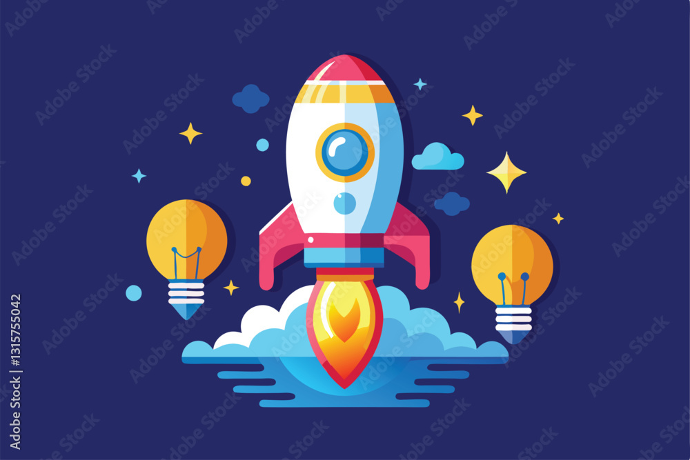 Naklejka premium A rocket lifts off with glowing light bulbs alongside, symbolizing innovation and startup energy in a vibrant scene, Rocket startup bulb launcher isolated icon