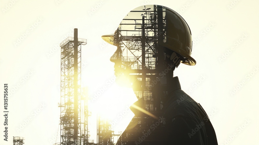 Engineering the Future: A Silhouette of a Construction Worker Against the Setting Sun and an Industrial Refinery Engineering the Future: A Silhouette of a Construction Worker Against the Setting Sun and an Industrial Refinery