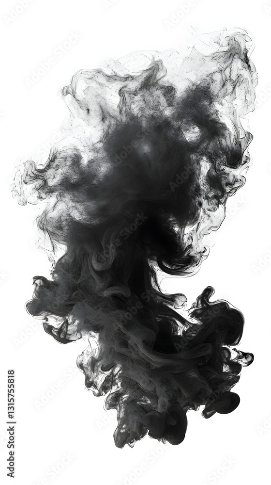 Fototapeta premium Black Smoke Swirling in Air Isolated on White Background for Creative Visuals and Designs