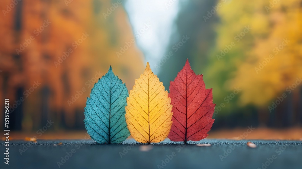 Three colorful leaves (blue, yellow, red) are arranged on a roadway with a backdrop of autumn foliage. Three colorful leaves (blue, yellow, red) are arranged on a roadway with a backdrop of autumn foliage.