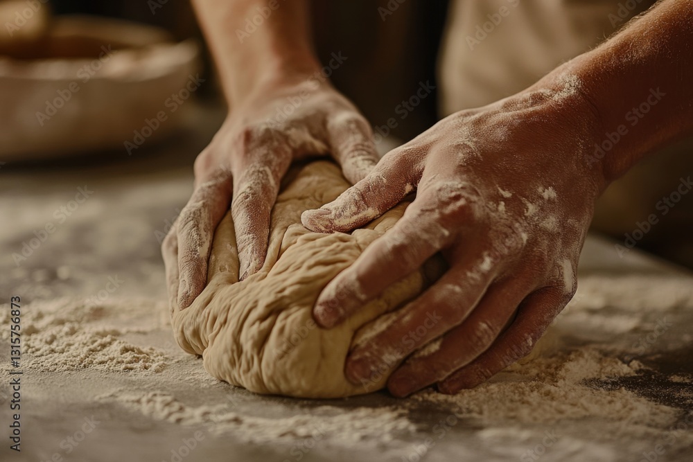 Hands kneading soft dough on a floured marble countertop. Hands kneading soft dough on a floured marble countertop.