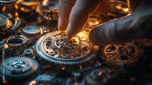 intricate assemblage of gleaming gears and precise mechanics delicately adjusted by a focused hand revealing a miniature clockwork