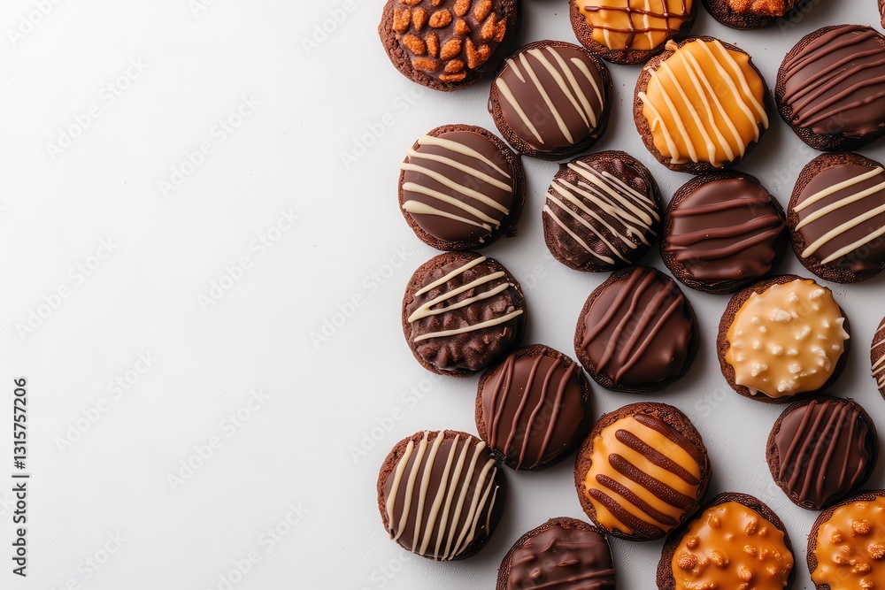 Neatly Arranged Chocolate Dipped Cookies on White Background Neatly Arranged Chocolate Dipped Cookies on White Background