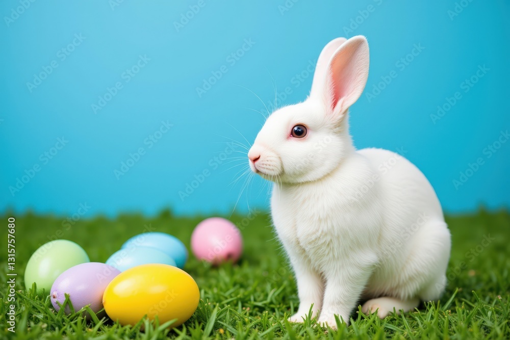 Fototapeta premium A Cute White Rabbit Sitting on Green Grass Near Colorful Easter Eggs Against a Light Blue Background, Perfect for Spring and Easter Celebrations