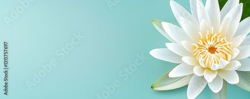 Serene White Lotus Blossom on Pastel Turquoise Background for Peaceful Spa and Wellness Theme