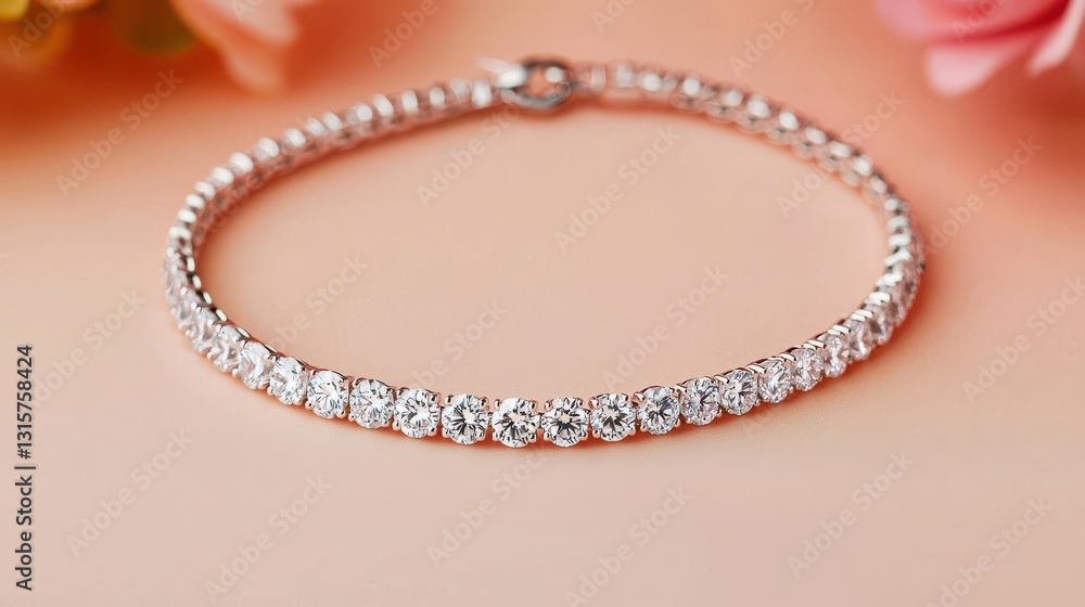 Sparkling diamond tennis necklace displayed in a Ushape, isolated on a clean ivory surface Sparkling diamond tennis necklace displayed in a Ushape, isolated on a clean ivory surface