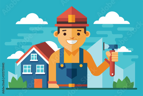 A cheerful roofer poses with a tool, ready for work in a vibrant landscape featuring a house and clouds, Roofer Customizable Flat Illustration