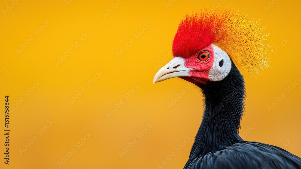 Fototapeta premium A colorful bird with a striking red and yellow crest stands against a vibrant yellow background, showcasing its unique features and captivating presence.