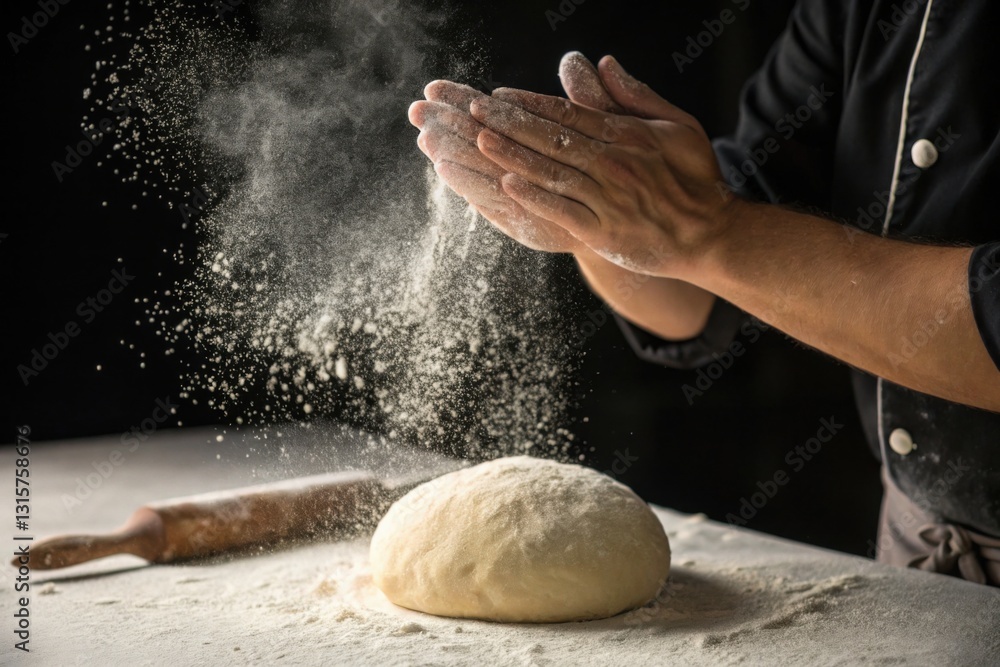 Obraz premium Baker claps hands, flour cloud rises over fresh dough dramatically.