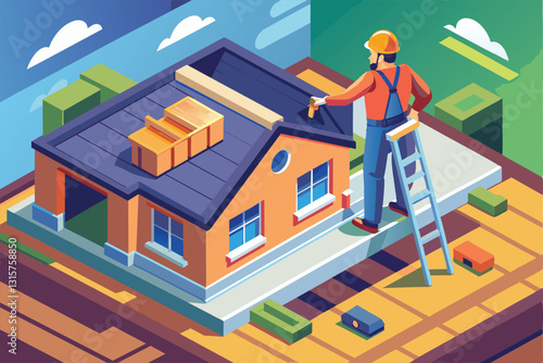 A roofer adds final touches to a rooftop on a clear day, surrounded by colorful blocks and tools, Roofer Customizable Isometric Illustration