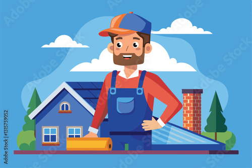 A skilled roofer is preparing to install materials on a semi-flat roof of a house in bright daylight, Roofer Customizable Semi Flat Illustration