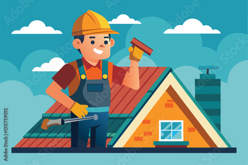 A skilled roofer applies finishing touches on a semi flat roof while enjoying a sunny day outdoors, Roofer Customizable Semi Flat Illustration