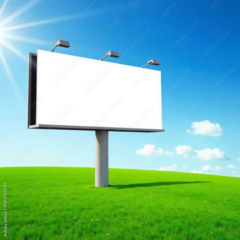 Green field with empty billboard under blue sky, sunshine, outdoor signage Green field with empty billboard under blue sky, sunshine, outdoor signage