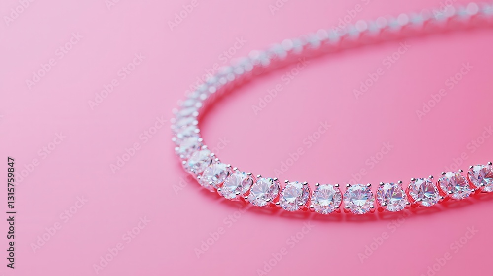 Minimal diamond tennis necklace glowing under diffused light, isolated on a smooth blush pink background Minimal diamond tennis necklace glowing under diffused light, isolated on a smooth blush pink background
