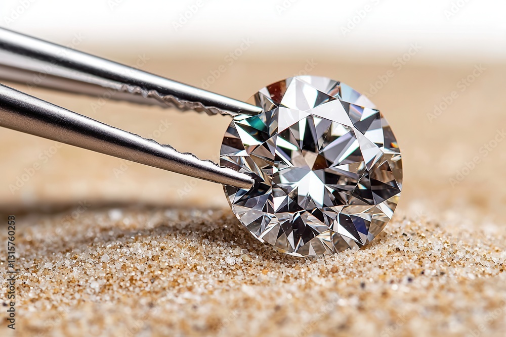 Diamond round cut precious tweezers. Close-up of a diamond being held with tweezers on sandy surface. Diamond round cut precious tweezers. Close-up of a diamond being held with tweezers on sandy surface.