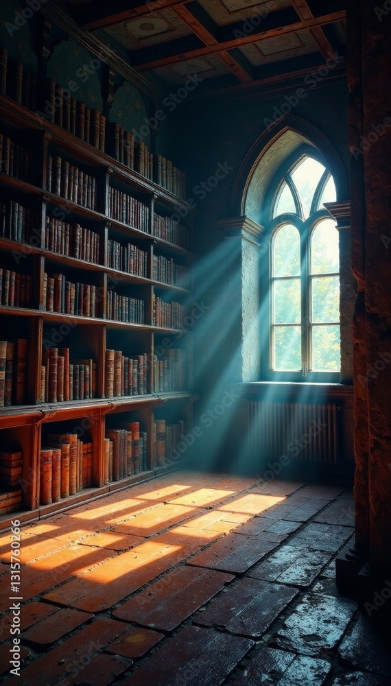 Books line the walls of a vast, dimly lit room, with only a few rays of light peeking through the cracks, Mysterious, Ancient Tomes Books line the walls of a vast, dimly lit room, with only a few rays of light peeking through the cracks, Mysterious, Ancient Tomes