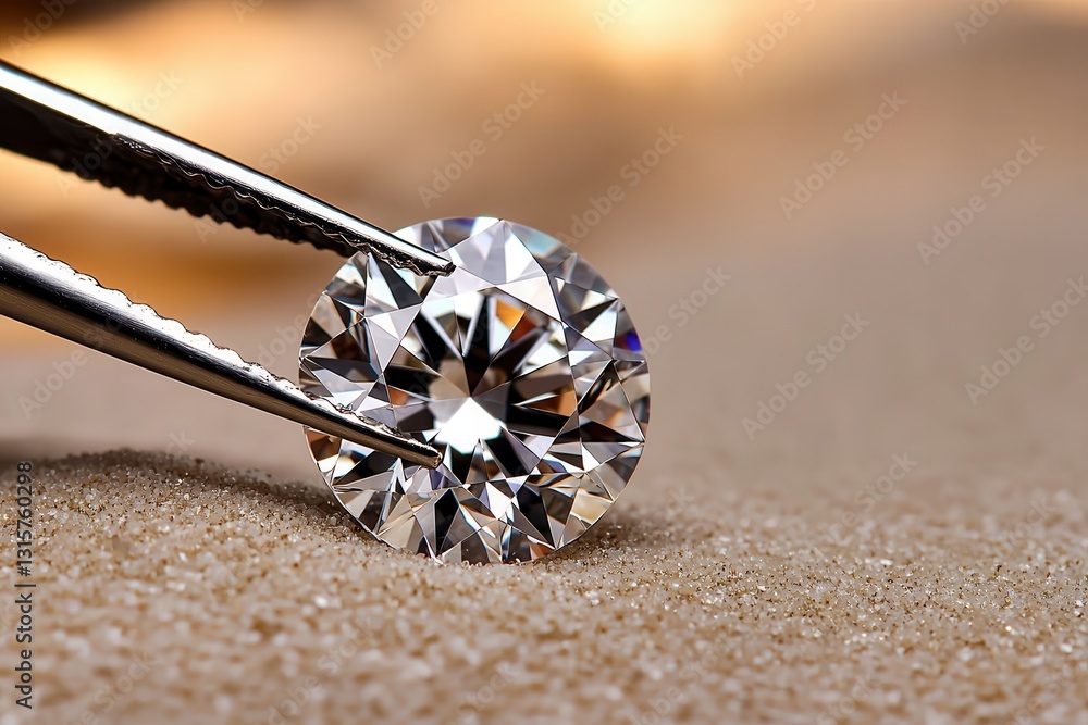 Diamond round cut precious tweezers. Close-up of a diamond held with tweezers on a sandy surface. Diamond round cut precious tweezers. Close-up of a diamond held with tweezers on a sandy surface.