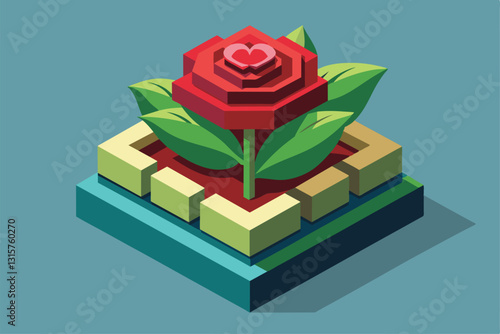 A vibrant rose flower showcases intricate layers and leaves, set in a unique isometric design, Rose flower Customizable Isometric Illustration