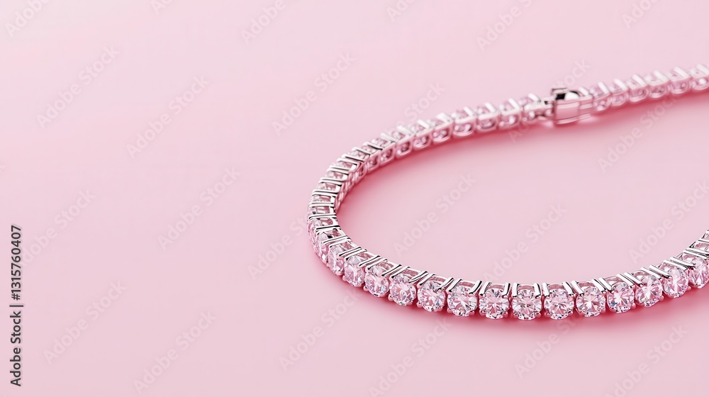Minimal diamond tennis necklace glowing under diffused light, isolated on a smooth blush pink background Minimal diamond tennis necklace glowing under diffused light, isolated on a smooth blush pink background