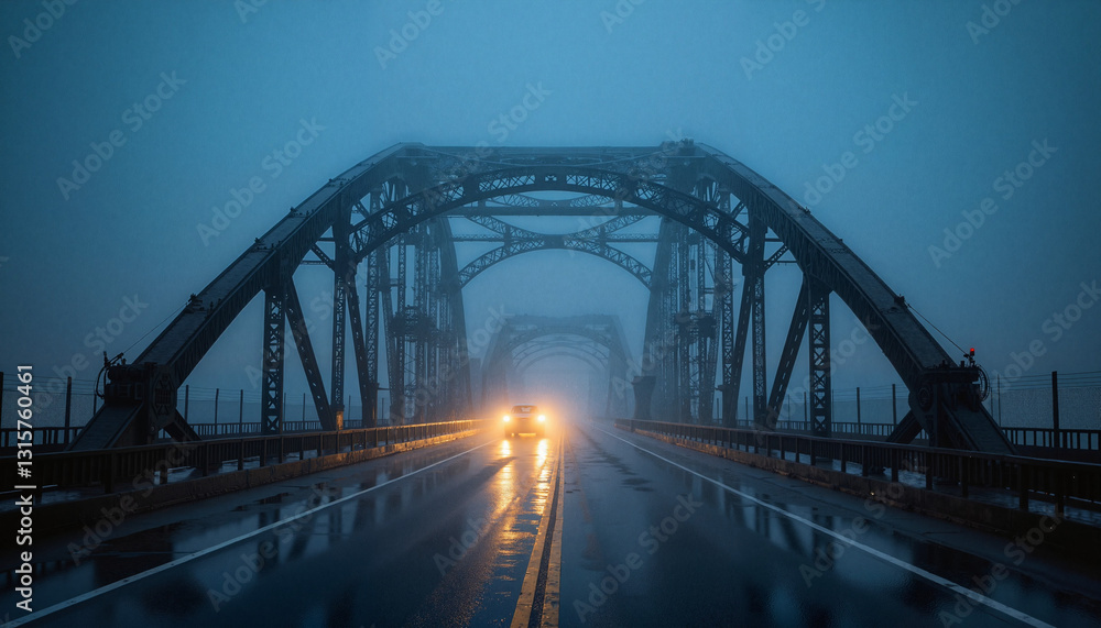 Obraz premium Misty bridge with headlights illuminating wet road
