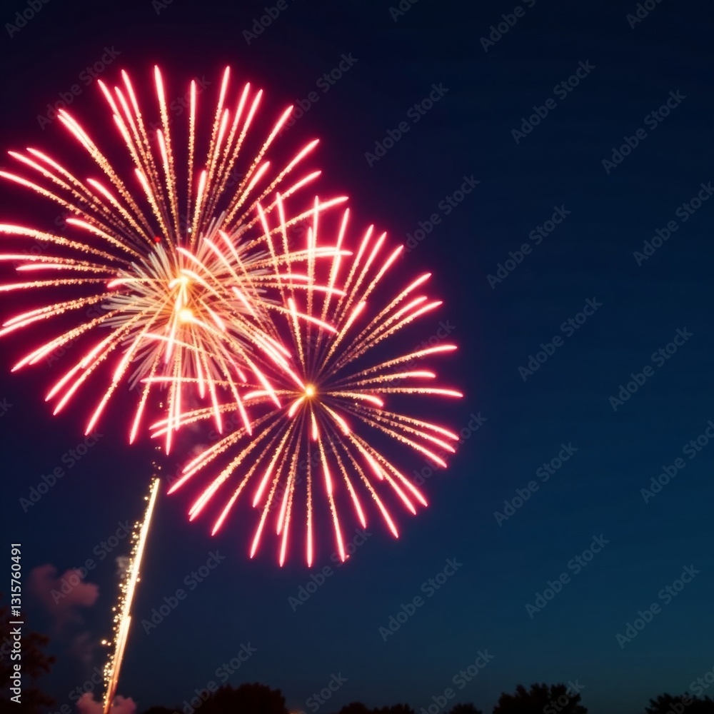 Fireworks explode in the sky with a burst of colorful sparks, shimmering lights, and radiant energy, colorful, night