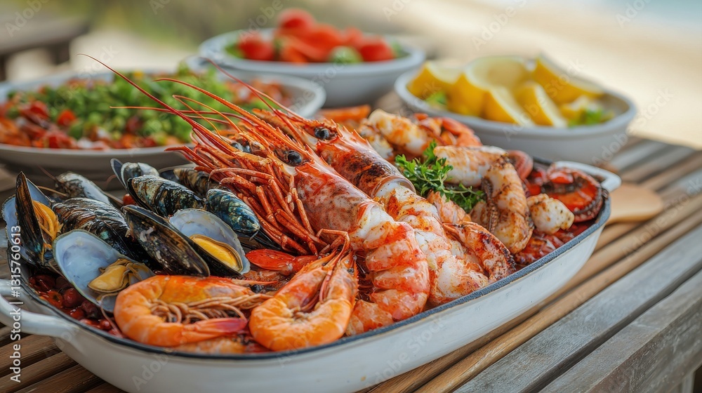 A vibrant seafood platter featuring shrimp, mussels and lobster, accompanied by fresh vegetables and lemon, set against a sunny outdoor backdrop. A vibrant seafood platter featuring shrimp, mussels and lobster, accompanied by fresh vegetables and lemon, set against a sunny outdoor backdrop.