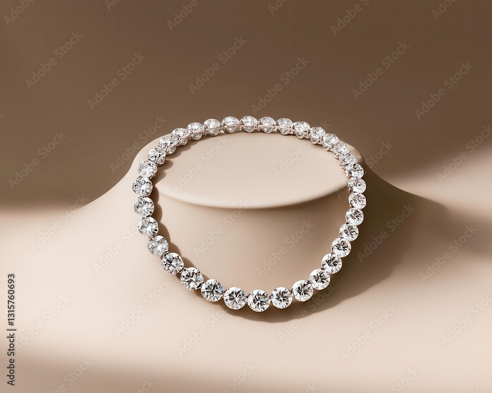 Isolated diamond tennis necklace creating a soft shadow on a matte pastel gray background