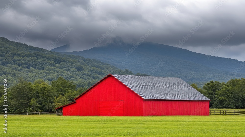A vibrant red barn contrasts with dark clouds and green fields, set against a mountainous backdrop, creating a serene rural landscape. A vibrant red barn contrasts with dark clouds and green fields, set against a mountainous backdrop, creating a serene rural landscape.