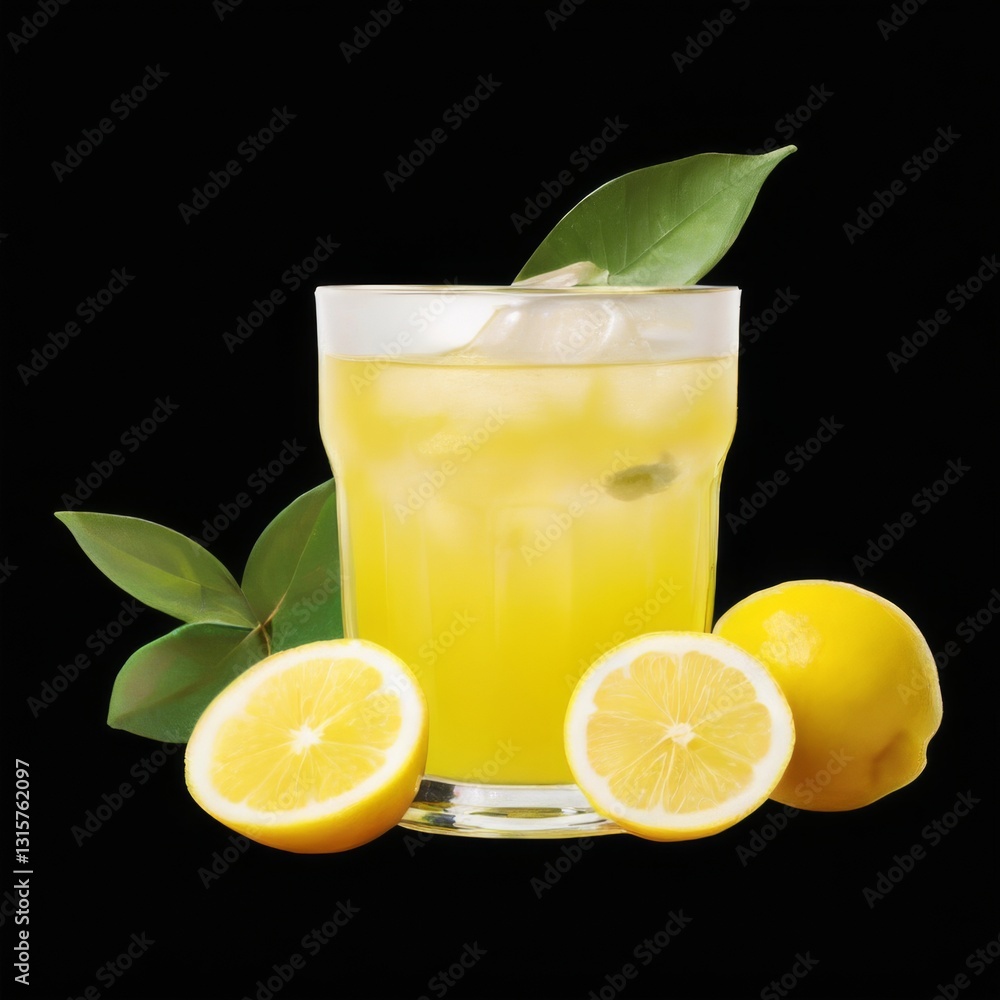 Lemonade Glass with Fresh Lemons on Black Background: A vibrant image of a glass filled with bright yellow liquid. Lemonade Glass with Fresh Lemons on Black Background: A vibrant image of a glass filled with bright yellow liquid.