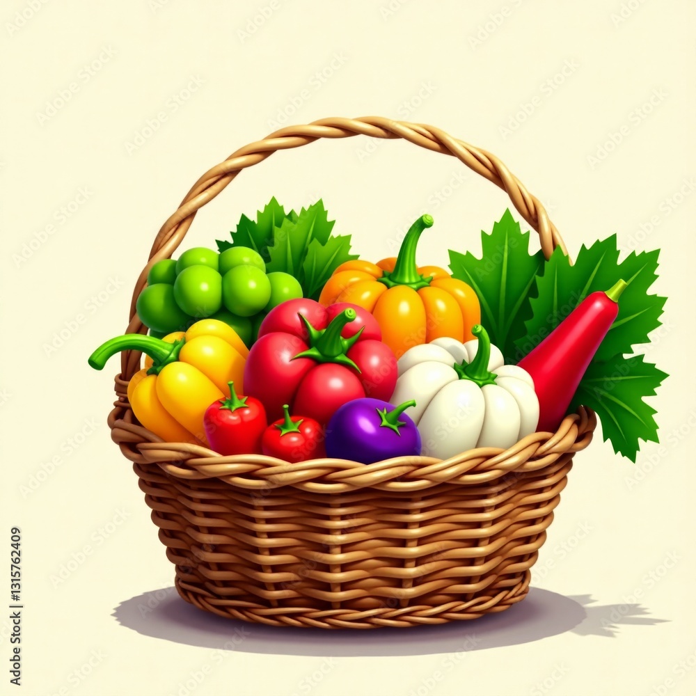 Colorful vegetables and fruits piled high in a wicker basket, nutritious, vegetables Colorful vegetables and fruits piled high in a wicker basket, nutritious, vegetables