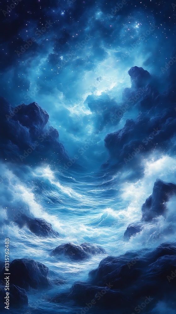 Fototapeta premium Ocean waves flow beneath a cloudy night sky filled with stars
