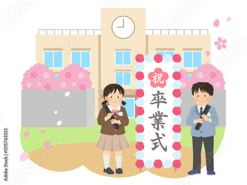 卒業式イメージ素材_校舎の前で卒業証書を持つ子供のベクターイラスト