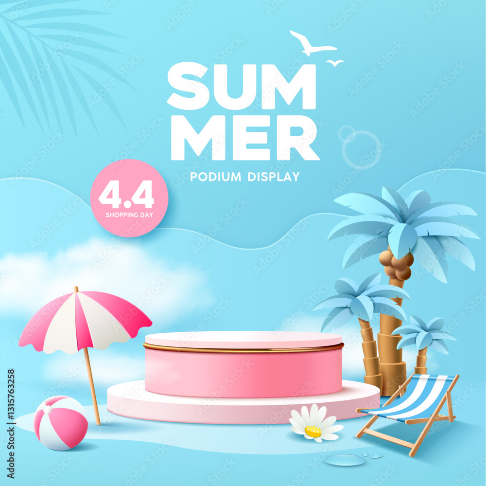 Fototapeta premium Summer podium, coconut trees, beach umbrella, beach bed, pink and blue concept poster design on cloud and blue background, EPS 10 vector illustration