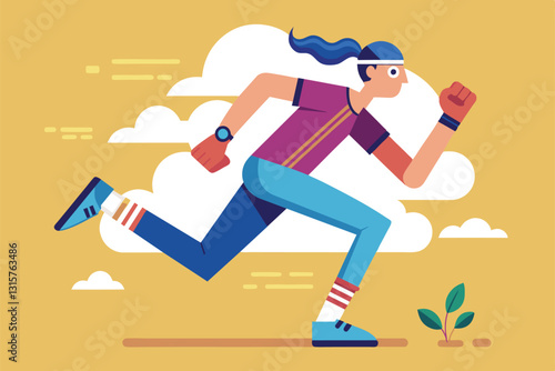 A runner dashes energetically through a vibrant landscape under fluffy clouds with a motivational vibe, Running Customizable Disproportionate Illustration
