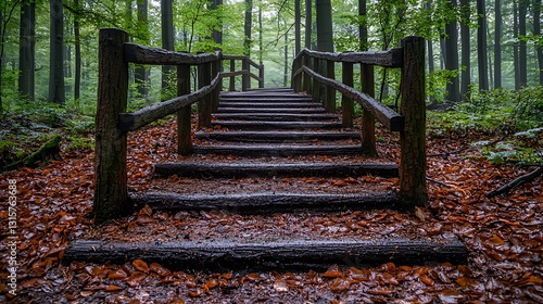 Wooden steps, forest path, rain, autumn leaves photo