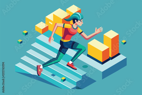 A runner sprints past colorful obstacles on a stylized urban terrain filled with blocks, Running Customizable Isometric Illustration