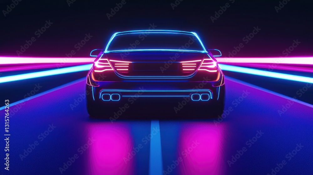 Naklejka premium Neon Night Drive: Futuristic Car on Glowing Highway